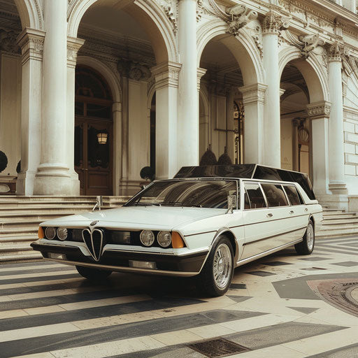 Alfa Romeo Alfasud transformed into luxurious limousine, waiting outside a grand opera house