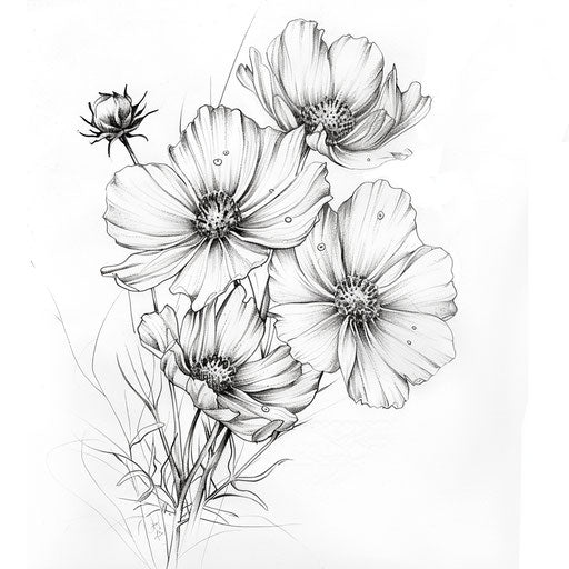 Realistic tattoo sketch of dew-covered cosmos flowers in soft morning light, capturing the delicate nature of October birth flowers