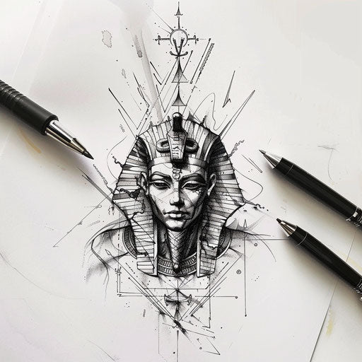 Elegant flat tattoo sketch of a pharaoh with intricate hieroglyphic details