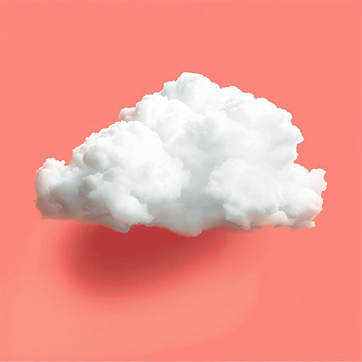 Photo-realistic cloud PNG clipart on flat, vibrant coral