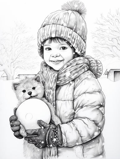 Child playing in the snow with a snowman