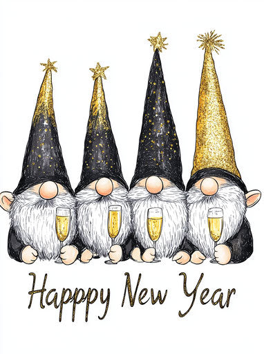4 gnomes with black and gold hats, champagne glasses, text 'Happy New Year', white background, clipart style