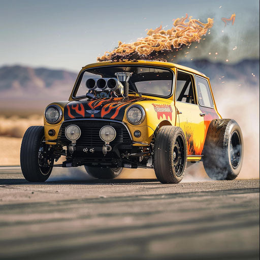 Retrofitted Mini Cooper speeds on abandoned airstrip