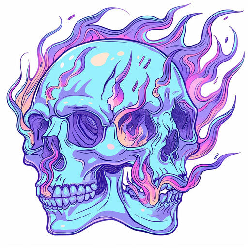 Multicolored flaming skull on white background, y2k style