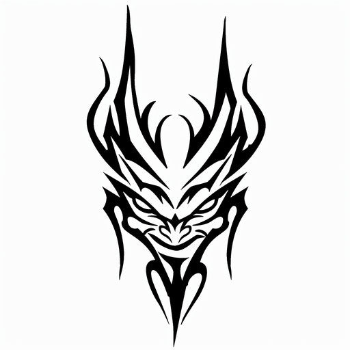 Tribal devil tattoo pattern in black ink on white background