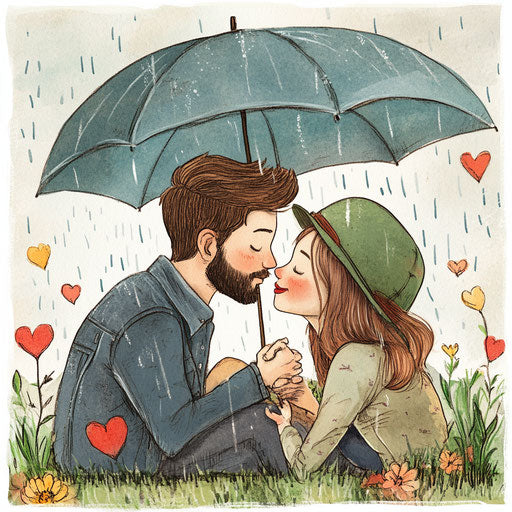 Love in the Rain: Young Couple Laughing and Kissing in the Park