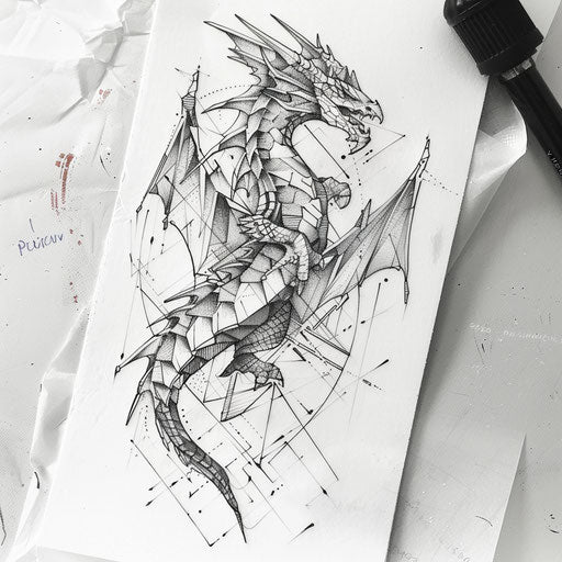 Bold geometric dragon on white canvas