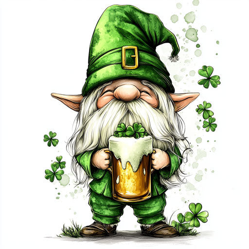 St. Patrick's Day, Cute Gnome with Green Hat and Shamrocks, Holding Beer Mug Clipart Sublimation Design on White Background