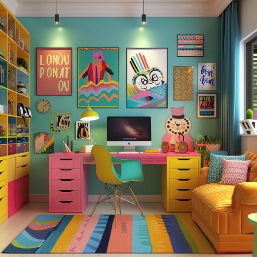Vibrant home office with colorful furniture and motivational posters