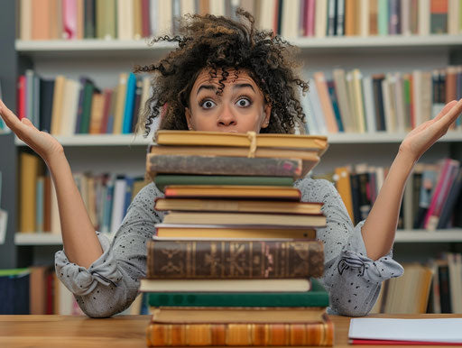Mixed race woman with enormous stack of books