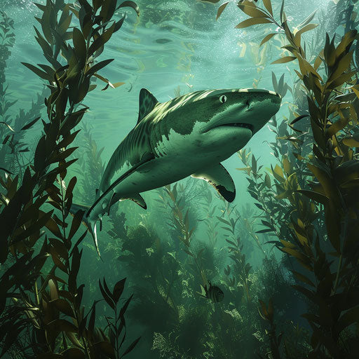 Tiger shark exploring giant kelp forest
