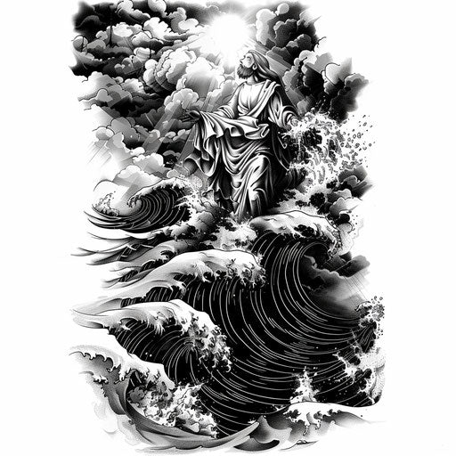 Flat monochrome clipart style tattoo sketch of the Red Sea parting, dramatic and powerful