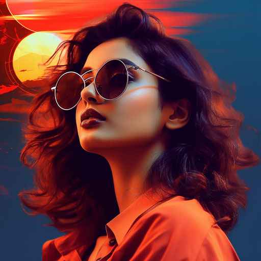 Abneena Tiwari's photo in blue glasses, in the style of light red and amber, celebrity image mashups, smilecore, rounded, composed, collage-like, mirror