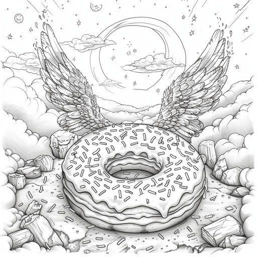 A whimsical donut with wings and a halo in a fantasy scene