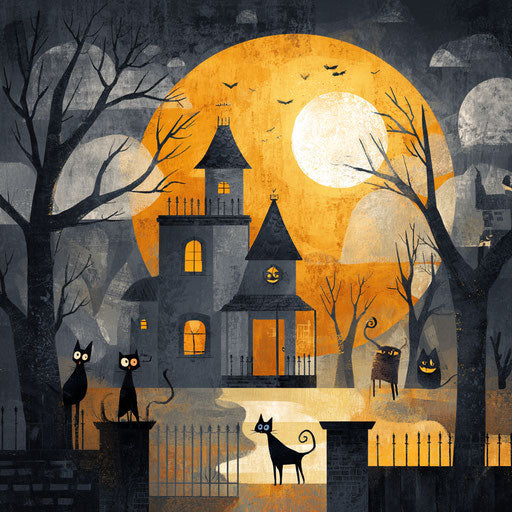 Spooky Halloween Night with Haunted House and Cats