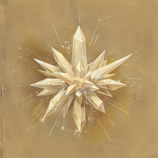Celestial flat tattoo sketch of a star-like crystal with luminous white and pale yellow highlights