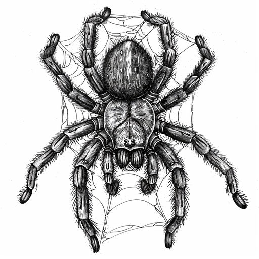 Creepy crawly tarantula with intricate web, horror tattoo concept on a pure white backdrop