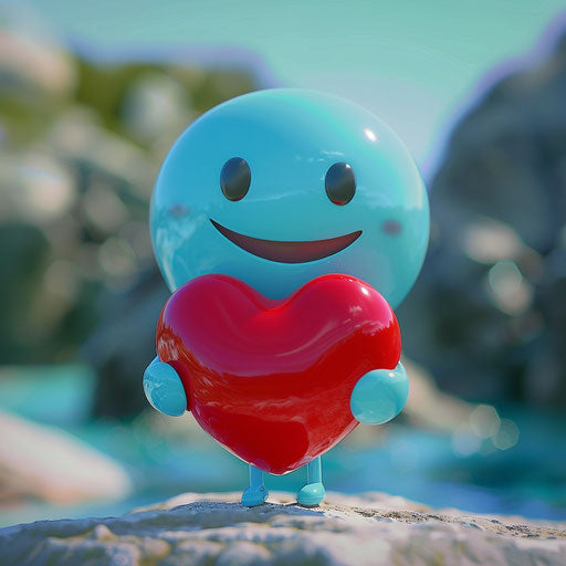 Emoticon holding a red heart, indigo-azure style, authentic expressions