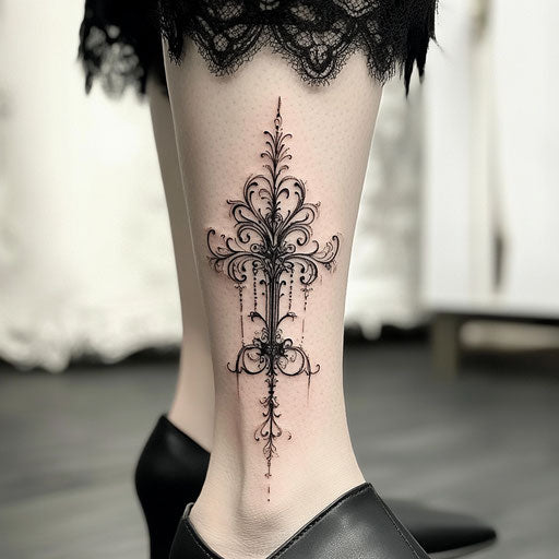 Ankle tattoos for women with a gothic cross and filigree