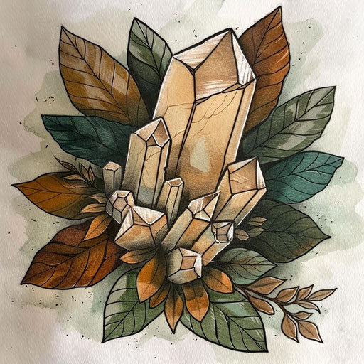 Nature-inspired flat tattoo sketch of a crystal nestled in leaves, with green and brown hues