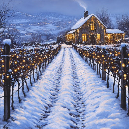 Winter vineyard, snowy vines, cozy cottage with lights