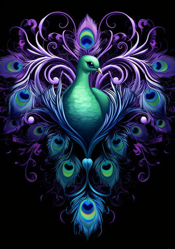 Peacock and heart black clipart, tattoo-style violet green
