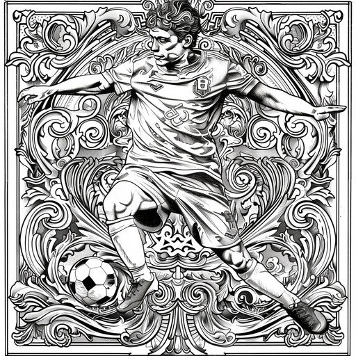 Intricate football player with baroque patterns in the style of Gennady Spirin Coloring book page