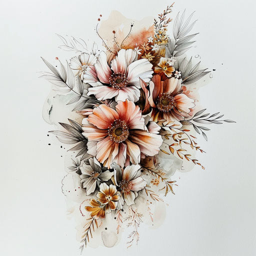 Elegant flat sketch of a wedding bouquet in soft watercolor tones