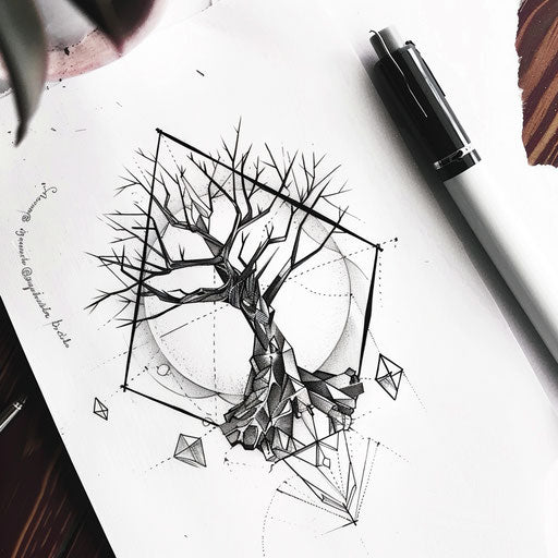 Geometric tree of life tattoo on white paper