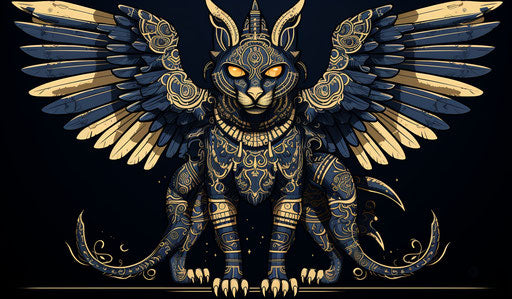 Egyptian winged bull with crown, unique yokai style illustrations