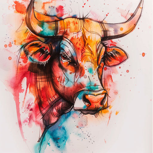 Abstract bull with vibrant watercolor splashes