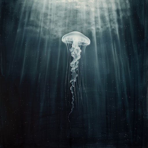 Solitary jellyfish in the vast expanse of the open ocean, with rays of light piercing through the surface above