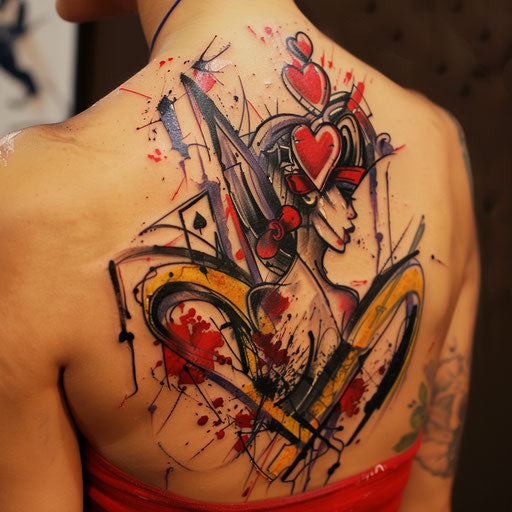 Dynamic graffiti-style Queen of Hearts tattoo