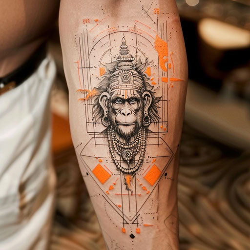Modern flat tattoo sketch with Hanuman and abstract geometric elements