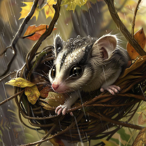 A sugar glider snuggled in a warm, fuzzy nest during gentle rain