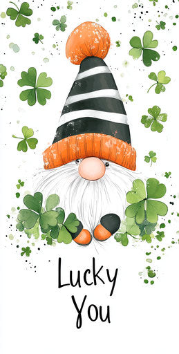 Little gnome with orange & black hat behind clovers, "Lucky You"