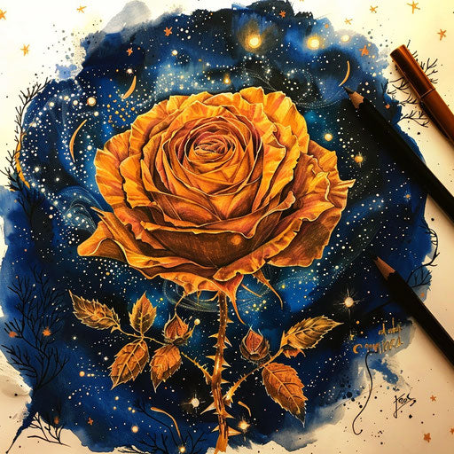 Dreamy tattoo sketch of an amber rose under a starry night sky
