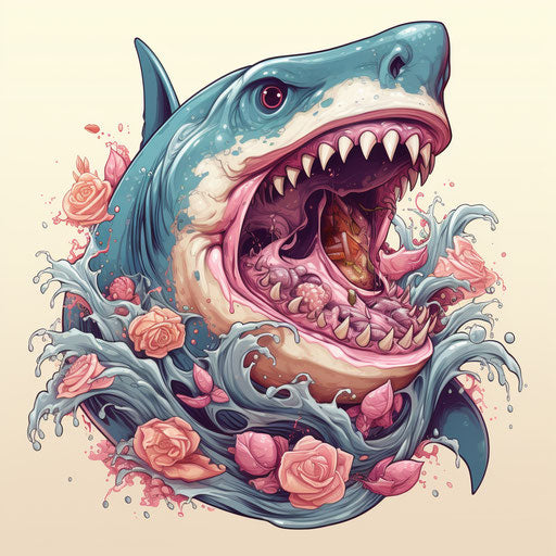 Shark eating pink meat, classic tattoo style, 2D game art