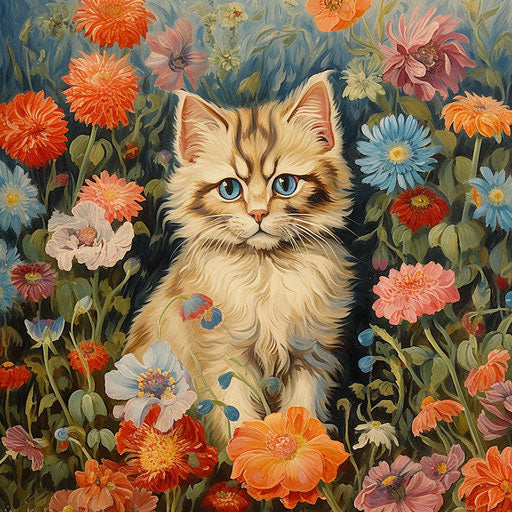 Louis Wain cat in a field of flowers