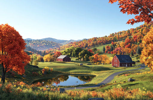 Picturesque autumn scene of green mountains and farmhouses
