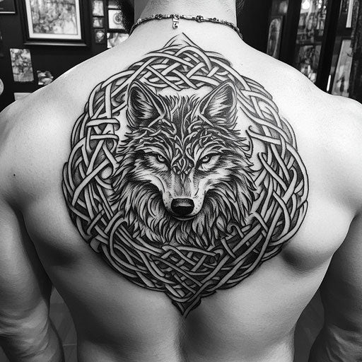 Tribal wolf tattoo in the style of Glenn Fabry with a wolf and intricate Celtic designs