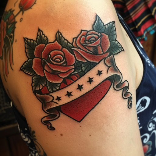 Classic heart and banner mom tattoo with roses