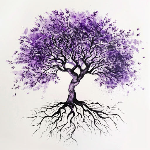 Purple tree of life tattoo with intricate roots and branches, on white background
