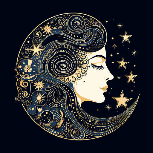 Starry moon mandala tattoo design on woman silhouette