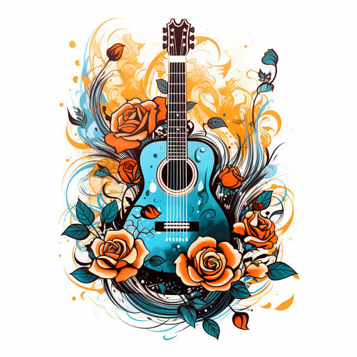 A guitar on a rose background poster, in tattoo style, turquoise and amber, expansive, poured, white