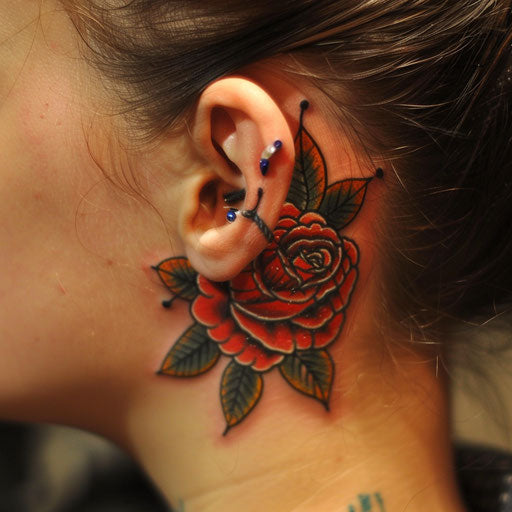 Ear tattoos in the style of Ed Hardy with classic roses