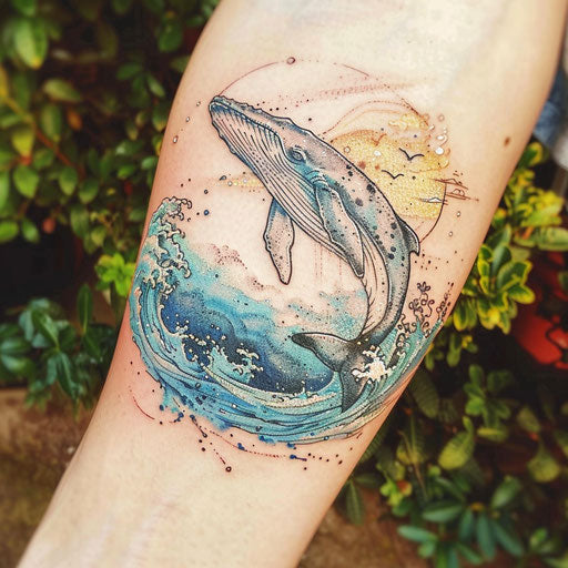Ethereal tattoo sketch of a whale in a dreamy seascape