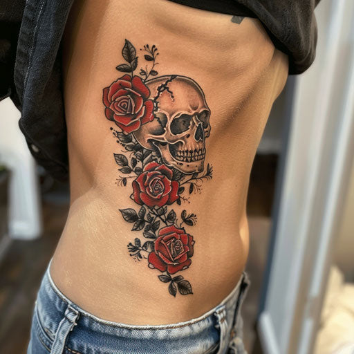 Rib tattoos of classic skull and roses Ed Hardy style