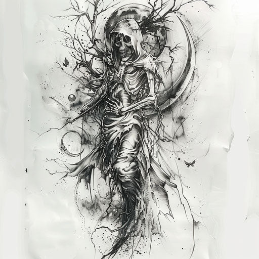 The lunar reaper and scythe tattoo design, in matte photo style, white and gray, slumped, realistic figurative, slender, ferrania p30, wrapped
