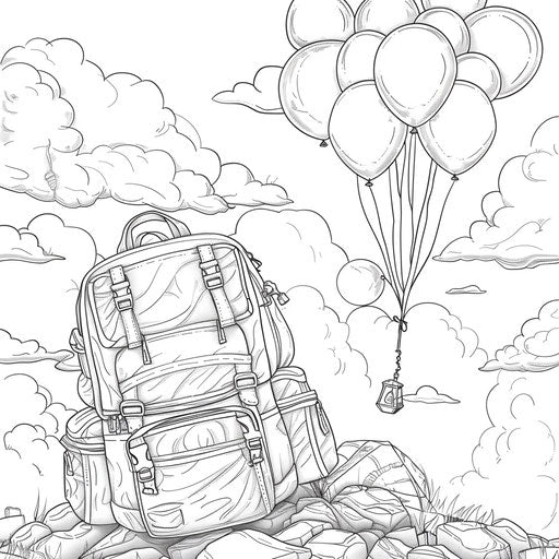 Flying backpack with balloons - Coloring book page